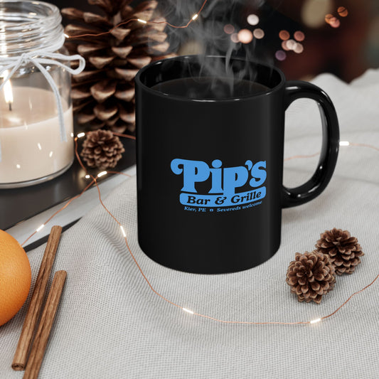 Front view of a full 15 oz Black Ceramic Mug featuring the Pips Bar and Grill logo from the Apple TV show Severance printed on both sides in Lumon Industries blue, sold by ScriptedBrand.