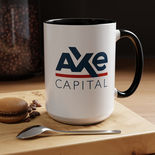 15 oz White Ceramic Mug with black handle/interior featuring the fictional Axe Capital logo from the TV show Billions printed on both sides, shown in a kitchen, sold by ScriptedBrand.