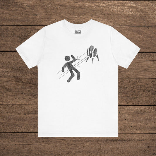 White Aperture Science Turret warning icon t-shirt on Bella+Canvas 3001, vintage distressed print, Portal and Portal 2 fan tee.