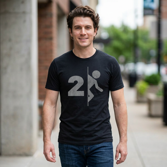 Man wearing black tee with vintage distressed Portal 2 partial logo figure diving through a portal, aperture labs