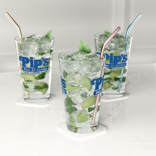 Mockup of three 16 ounce clear pint glass featuring the Pips Bar and Grill logo from the Apple TV show Severance printed on both sides, and filled with an alcoholic beverage.