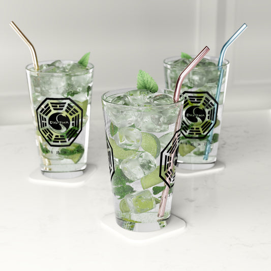 Three Clear 16 oz pint glasses with Dharma Initiative Swan Station logo and hatch numbers from Lost Show, filled with soda