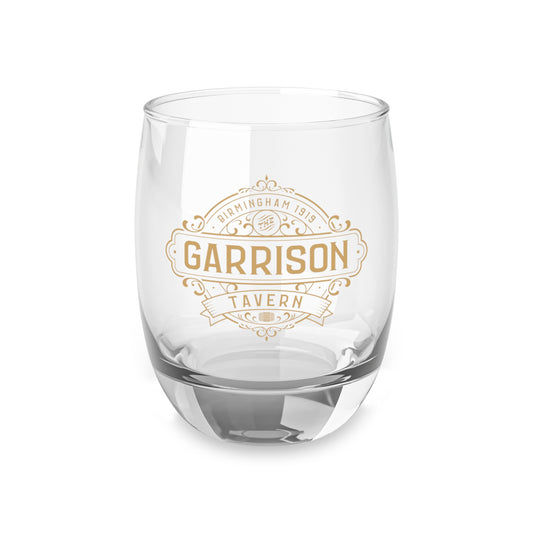 Front view of a Small 6 ounce Whiskey Glass featuring the Garrison Tavern Bar Logo Graphic inspired by the TV show and movie Peaky Blinders printed on one side, sold by ScriptedBrand.