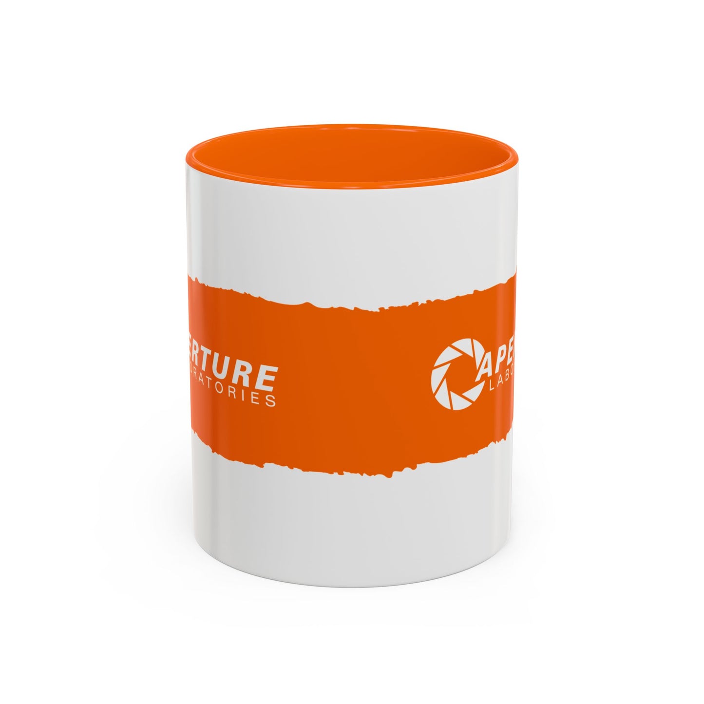 Front view of Portal 2 Aperture Laboratories orange Propulsion Gel accent mug.