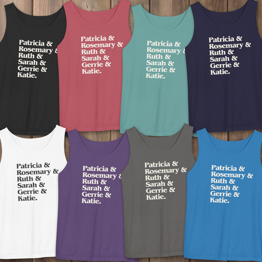 Eight garment-dyed Comfort Colors tank tops with stacked Women of Widow's Bay show names in ampersand list including Patricia, Ruth, Rosemary