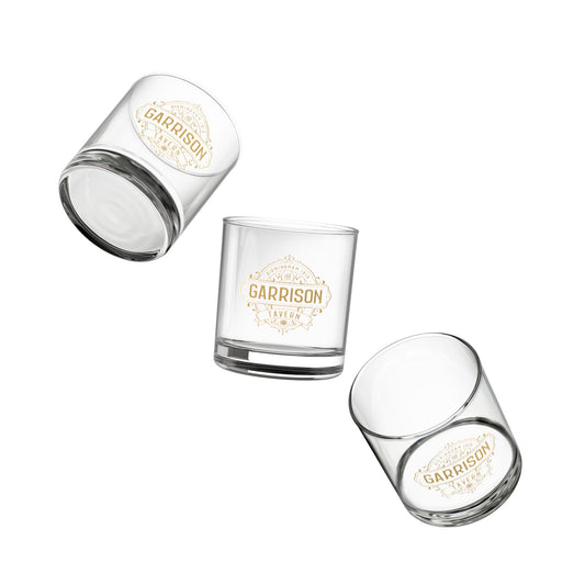 Three floating Garrison Tavern rocks glasses with gold Birmingham 1919 logo, inspired by Peaky Blinders, 10oz whiskey lowball