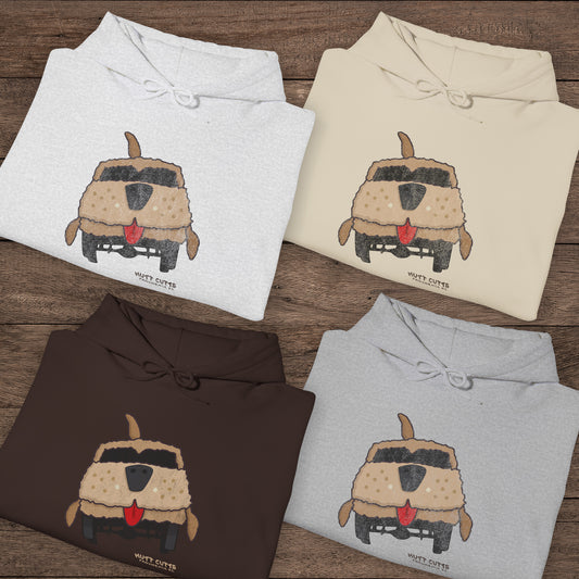 Four folded Gildan 18500 hoodies with vintage distressed Mutt Cutts dog van graphic inspired by Dumb and Dumber movie.