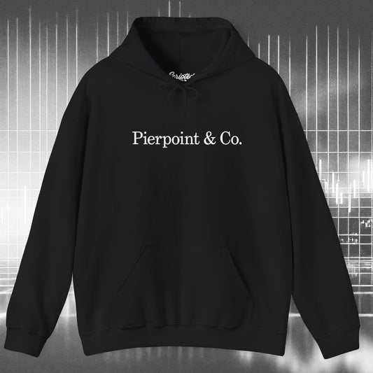 Front view of a black soft Unisex Hoodie Heavy Blend Hooded Sweatshirt featuring the Pierpoint & Co logo worn by the character Eric Tao in the TV show Industry.