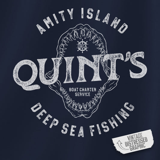 Closeup view of a navy blue Soft Unisex Hoodie Heavy Blend Hooded Sweatshirt featuring a Quint's Deep Sea Fishing Boat Charters logo graphic, designed by ScriptedBrand, and inspired by the movie Jaws in a vintage distressed style.