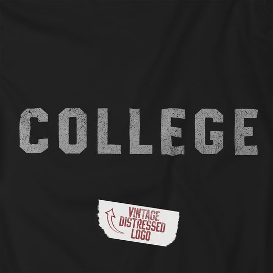 Closeup of black t-shirt with the 'COLLEGE' graphic John Belushi wore in the movie Animal House.