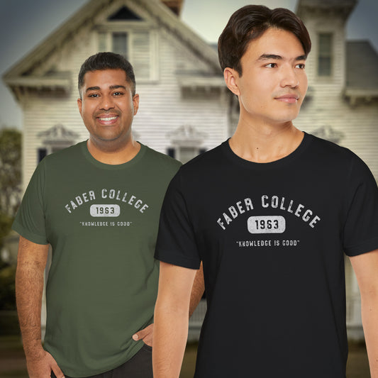2 men wearing t-shirts with 'Faber College 1963' text and 'Knowledge is Good' slogan from Animal House movie.