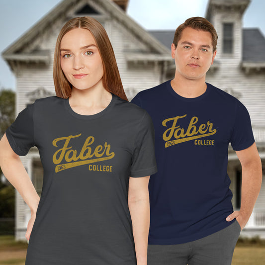 2 people wearing t-shirts with Faber College Script logo from the movie Animal House in a vintage distressed style.