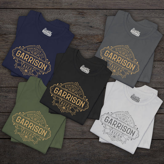 Five folded t-shirts featuring the Garrison Tavern Graphic inspired by the TV show and movie Peaky Blinders.