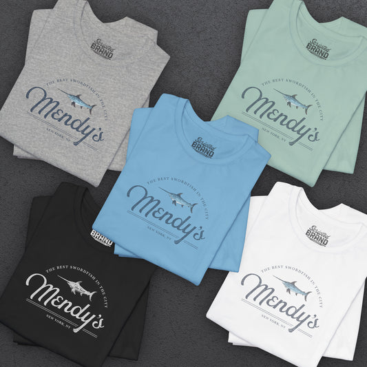 Group of 5 folded soft unisex Bella+Canvas 3001 short-sleeve t-shirts featuring a unique Mendy's Restaurant logo graphic, designed by ScriptedBrand in a vintage distressed style, and inspired by the TV show Seinfeld.