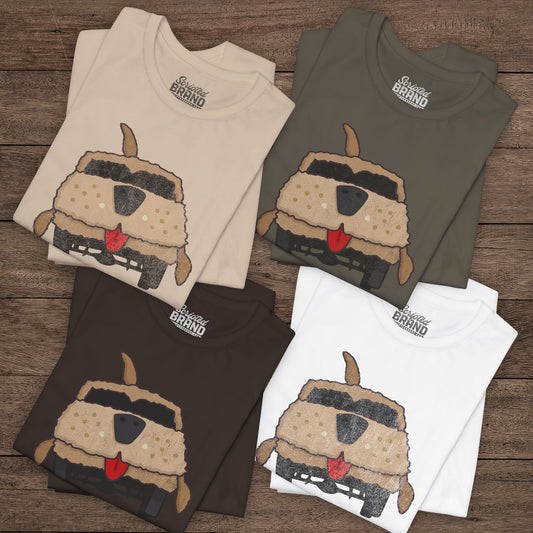 Four folded Bella+Canvas tees with vintage Mutt Cutts dog van graphic inspired by Dumb and Dumber movie.