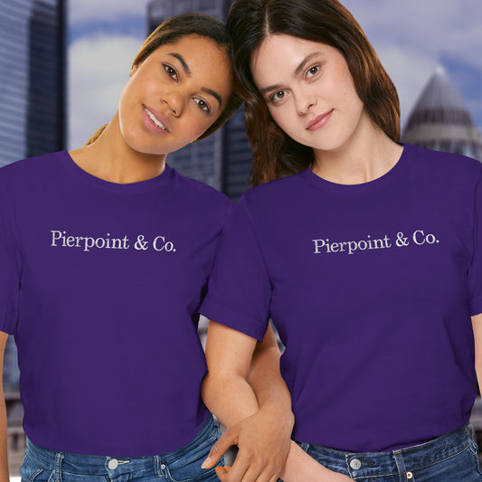 2 models wearing purple soft short-sleeve Bella+Canvas 3001 t-shirts featuring the fictional logo Pierpoint & Co from the HBO TV show Industry in a vintage distressed style, sold by ScriptedBrand.