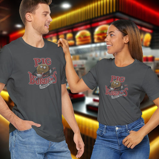 2 models wearing asphalt grey colored soft Bella+Canvas 3001 short-sleeve t-shirts featuring a graphic of the fictional Pig Burgers logo from the movie Better Off Dead, along with the Van Halen singing hamburger playing guitar, with the small subhead phrase EVERYBODY WANTS SOME. The graphic is designed in a vintage distressed style, sold by ScriptedBrand.