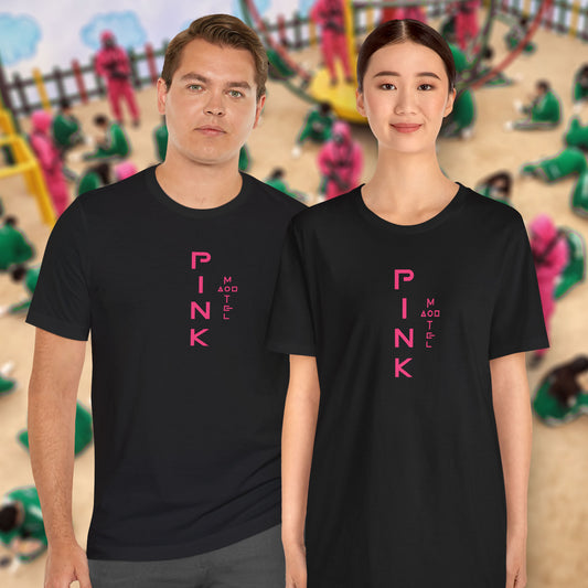 Front view of 2 models wearing black colored soft Bella+Canvas 3001 short-sleeve t-shirts featuring a pink logo graphic of the fictional Pink Motel inspired by the TV series Squid Game, in a vintage distressed style, sold by ScriptedBrand.