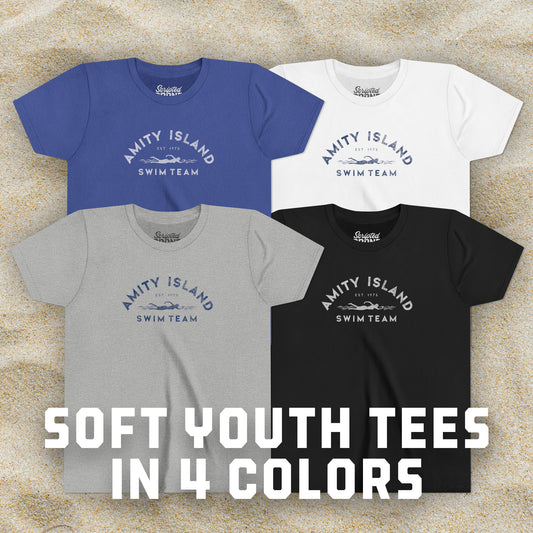 Group of 4 Soft unisex Youth Sizes Bella+Canvas 3001Y short-sleeve t-shirts featuring an Amity Island Swim Team logo graphic, designed by ScriptedBrand, and inspired by the movie Jaws in a vintage distressed style.