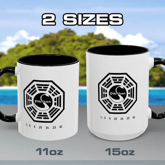 Two mugs with Dharma Initiative logo on a scenic background