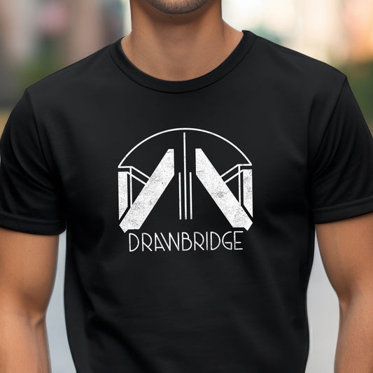 Male model wearing a black colored soft Bella+Canvas 3001 short-sleeve t-shirt tee featuring the Drawbridge logo from the video game Death Stranding 2, in a vintage distressed style, sold by ScriptedBrand.
