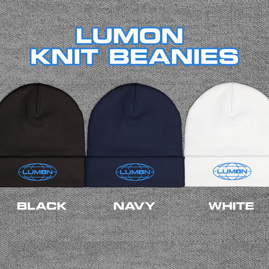 Three knit beanies with embroidered blue Lumon Industries logo from Apple TV’s Severance.