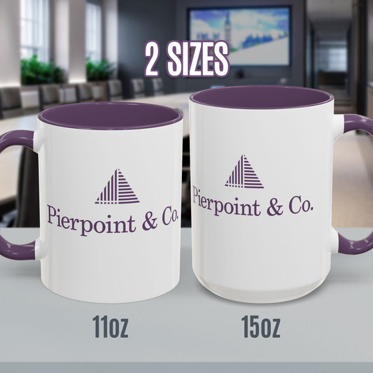 Two sizes of white ceramic mugs with purple Pierpoint & Co. logo, handle, and interior inspired by the HBO series Industry.