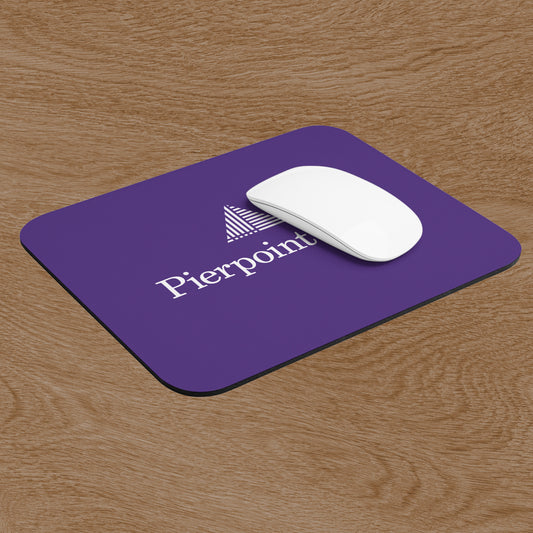 Angled view of Purple 9x8 mouse pad featuring the Pierpoint & Co. logo inspired by the HBO series Industry, shown on wooden desk with mouse.