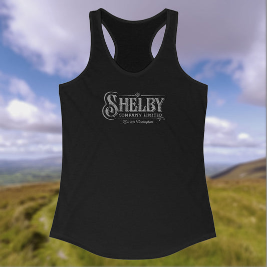 Front view of a black colored Women's Racerback Tank Top Shirt (Next Level 1533) featuring the Shelby Company LTD logo from the show Peaky Blinders in a vintage distressed style, sold by ScriptedBrand.