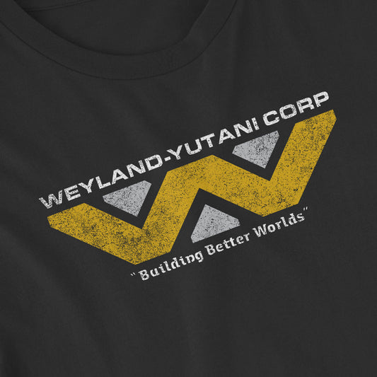 Closeup view of a black colored soft unisex Bella-Canvas 3501 long-sleeve t-shirt featuring the fictional Weyland-Yutani logo from the movie Alien and Aliens franchise in a vintage distressed style, sold by ScriptedBrand.