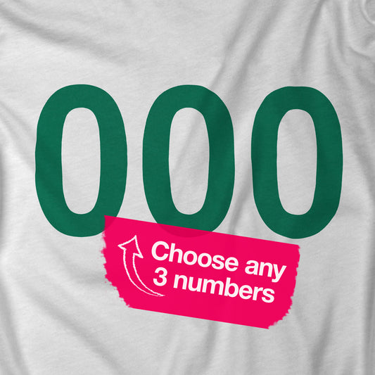 Closeup of a Green and White colored soft Tultex 245 Unisex Three-Quarter Sleeve Raglan Player T-Shirt featuring the numerals 000 from the popular TV series Squid Game. The shirt can be personalized by the customer to include any three digits.