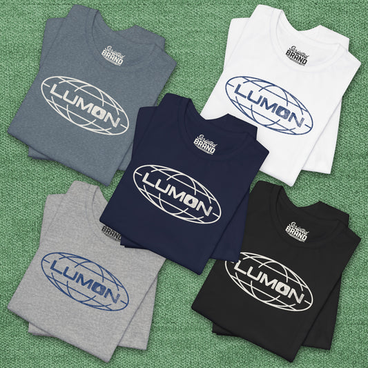 Five folded Bella+Canvas tees with a vintage distressed Lumon Industries globe logo from the Apple TV show Severance