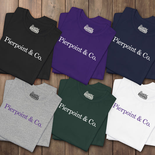 Six folded Pierpoint & Co. logo t-shirts inspired by HBO Industry TV series, soft Bella+Canvas cotton investment bank fan tee