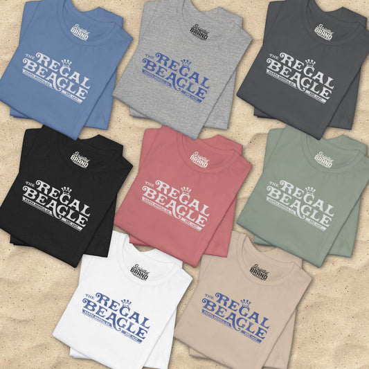 Eight folded Bella+Canvas t-shirts with the Regal Beagle logo from the TV Show 'Threes Company' in a vintage distressed style.