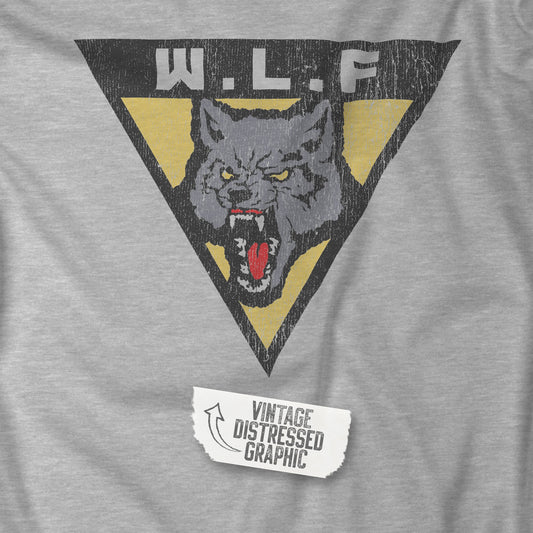 Closeup view of an athletic heather grey WLF t-shirt with distressed logo from The Last of Us