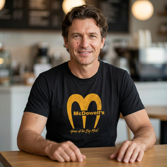 Man wearing black Bella+Canvas t-shirt featuring the McDowells logo from the movie Coming to America in a vintage distressed style.