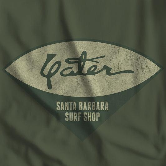 Closeup of Yater Surf Shop vintage distressed long-sleeve t-shirt in military green, Bella+Canvas 3501, worn by Robert Duvall in Apocalypse Now.