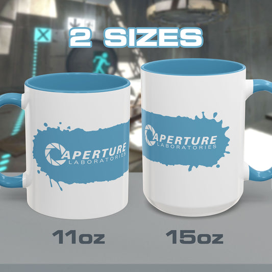 11oz and 15oz Portal 2 Aperture Laboratories blue Repulsion Gel accent mug with blue handle, glossy ceramic.