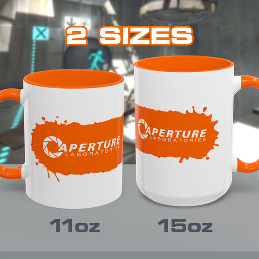 11oz and 15oz Portal 2 Aperture Laboratories orange Propulsion Gel accent mug with orange handle, glossy ceramic.