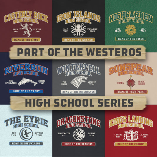 Graphic showing nine Westeros High School t-shirt designs inspired by Game of Thrones, sold by Scripted Brand.