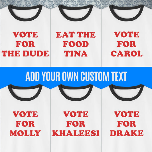 Six white ringer tees with black trim and red custom text, from Napoleon Dynamite, in the style of “VOTE FOR PEDRO”