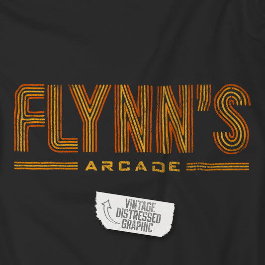 Closeup of black hoodie sweatshirt with vintage distressed 'Flynn’s Arcade' neon logo inspired by TRON