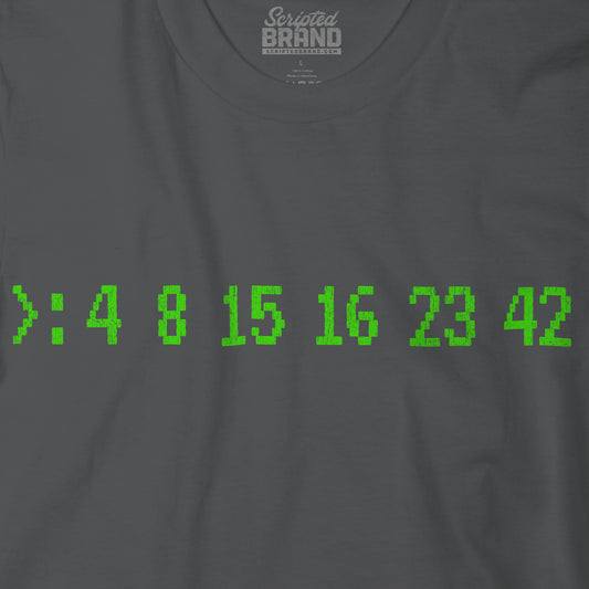 Closeup of gray Bella+Canvas 3001 t-shirt with terminal green LOST Dharma Initiative hatch numbers 4 8 15 16 23 42