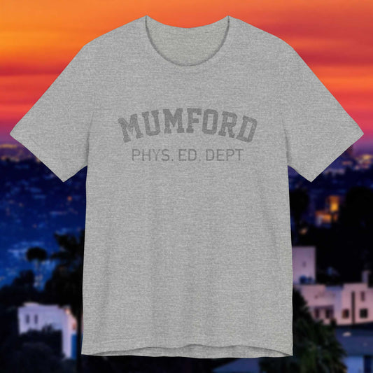 Front view of an Athletic Heather Grey Soft Bella+Canvas 3001 short-sleeve t-shirt gym tee featuring the Mumford Phys Ed logo graphic that Eddie Murphy wore as Axel Foley in the movie Beverly Hills Cop in a vintage distressed style, sold by ScriptedBrand.