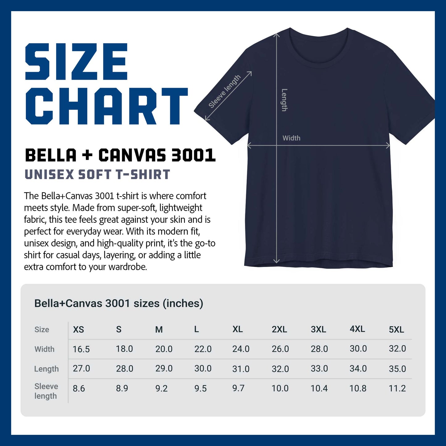 Size chart of soft Bella+Canvas 3001 shirtsleeve t-shirts sold by ScriptedBrand.