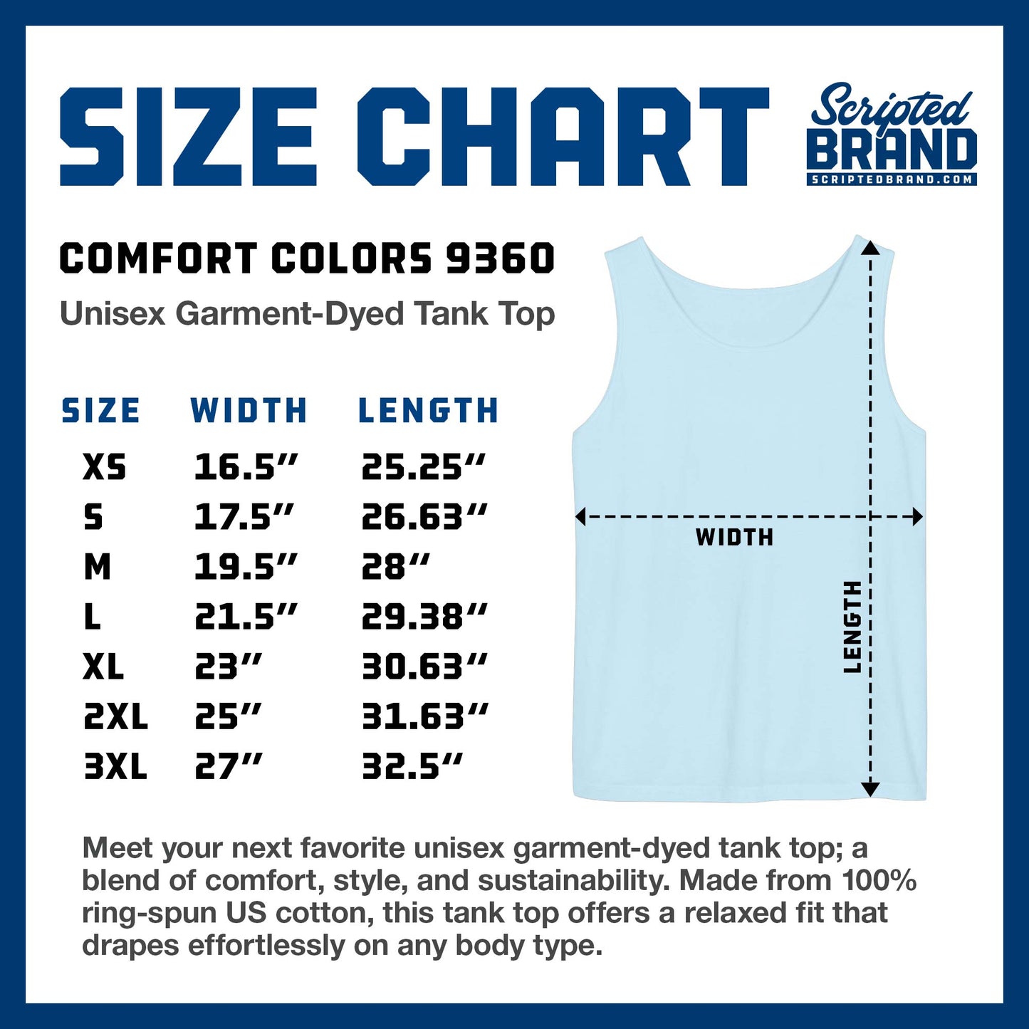 Size Chart of the Comfort Colors Unisex Garment-Dyed Tank Top, sold by ScriptedBrand.