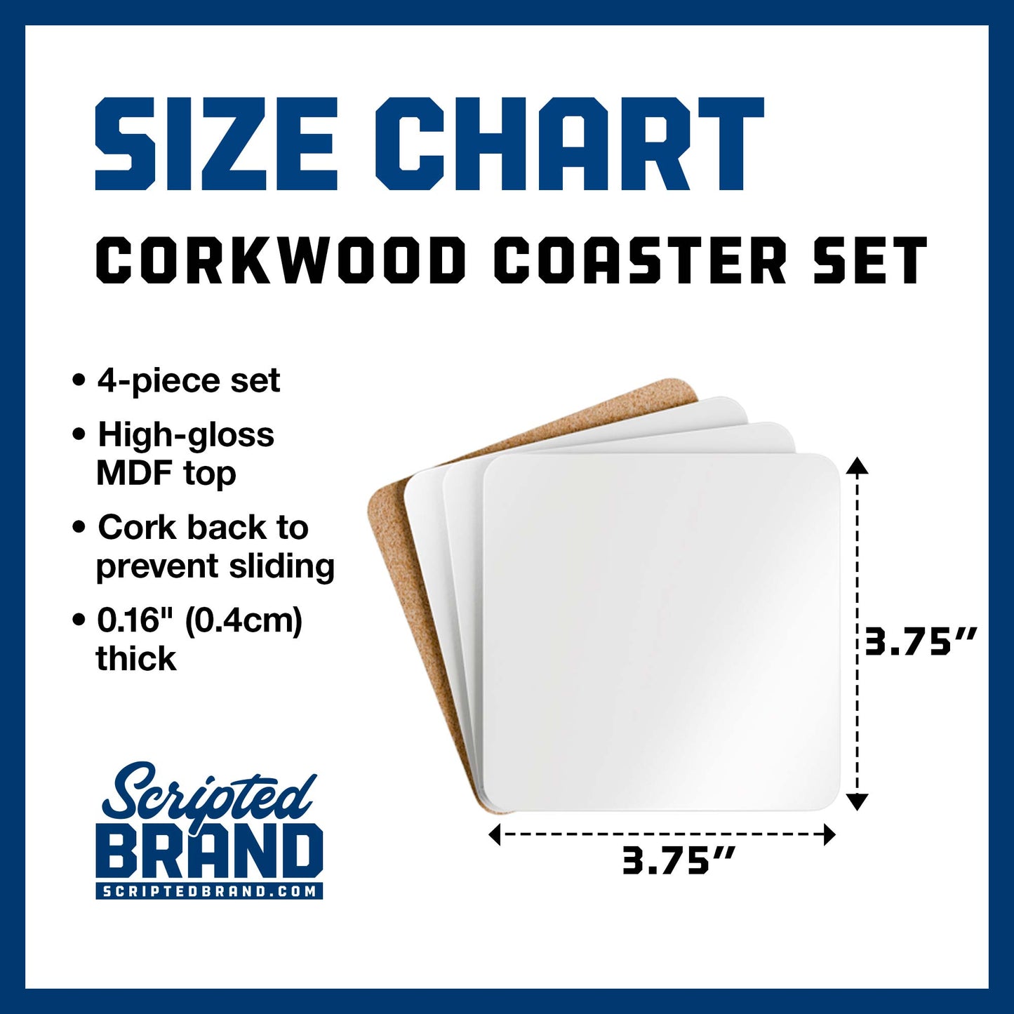 Size Chart of the Corkwood Coaster Set of 4, sold by ScriptedBrand.