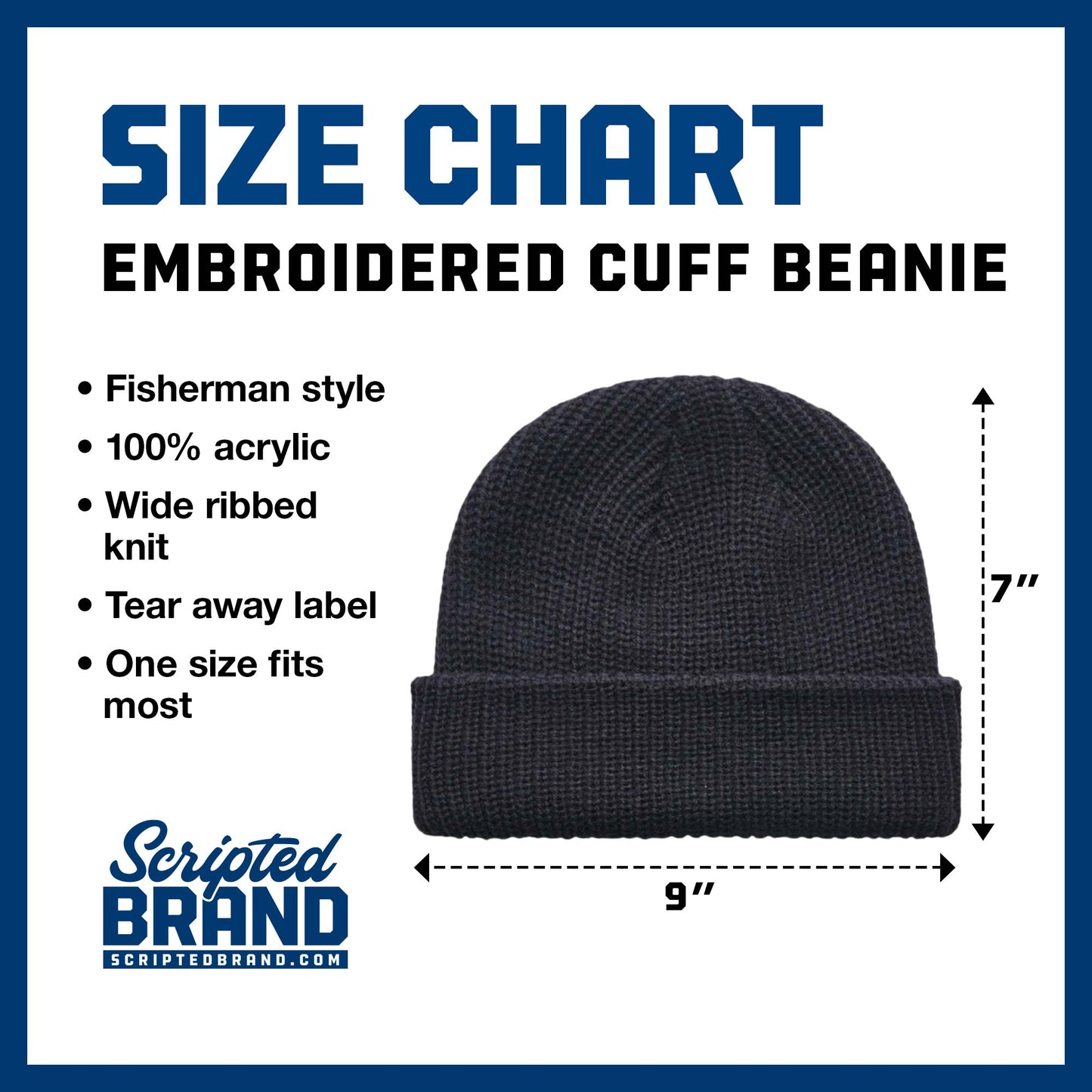 Size Chart of the AS Colour 1120 embroidered cuff fisherman beanie sold by ScriptedBrand.