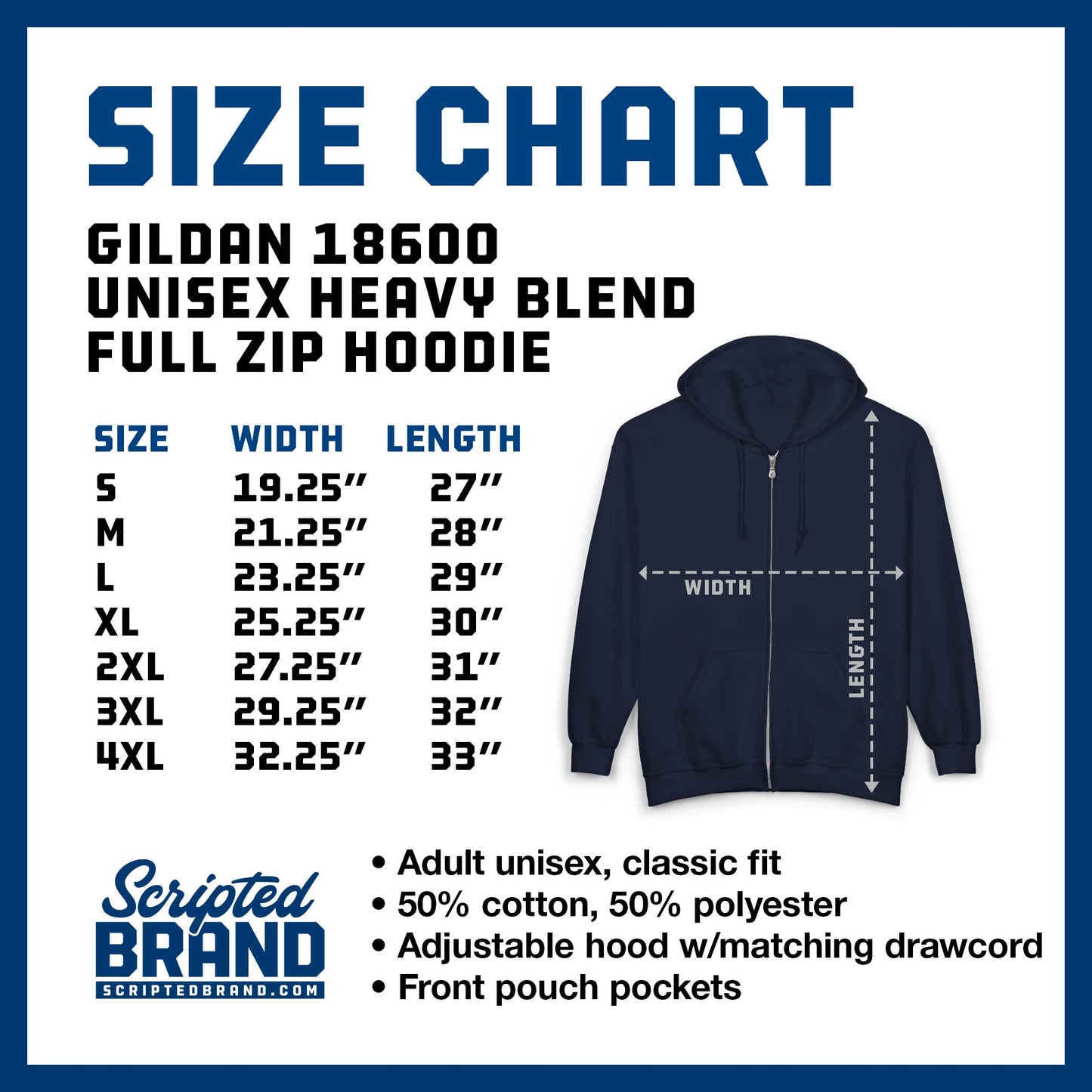 Size Chart of the Gildan 18600 Unisex Heavy Blend Full Zip Hoodie, Hooded Sweatshirt sold by ScriptedBrand.