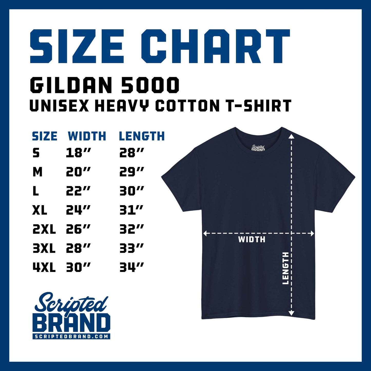 Size Chart of the Gildan 5000 Unisex heavy cotton short-sleeve t-shirt sold by ScriptedBrand.